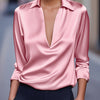 Silvery Satin V-Neck Blouse for Women, Long Sleeve Button-Front Satin Shirt, Elegant Smooth Finish
