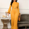 Women's Elegant Long Sleeve Jumpsuit with Belted Waist & Puffed Sleeves, Crew Neck Zipper Front, Flowy A-Line for Spring/Fall