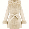 Women's Faux Fur-Trim PU Leather Hooded Coat with Belt - Warm Black Fall/Winter Jacket