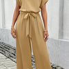 Women's Black Summer Jumpsuit - Crew Neck Short Sleeve Wide-Leg Palazzo with Elastic Waist & Belt, 100% Polyester