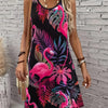 Women's Tropical Flamingo & Palm Leaf Sleeveless Knee-Length Dress - Pink Green Boho Round Neck Summer Party Beach Dress, Machine Washable