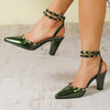 Elegant Green Metallic Pointed-Toe Block Heel Pumps for Women, Ankle Strap D'Orsay with Gold Rivet Detail