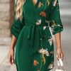 Elegant Women's V-Neck A-Line Dress with Bird & Floral Print — Long Sleeve Polyester, Green with Gold Accents