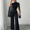 Women's Starry Night Jumpsuit with Metal Mesh – Stand Collar Wide-Leg Evening Pantsuit, Long Formal & Semi-Formal, Mid Stretch