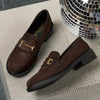 Women's Brown Fabric Loafers with Gold Buckle - Round Toe, PU Sole, All-Season Casual & Formal Shoes