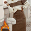 Plus Size 2-Piece Winter Knit Sweater & Pencil Skirt Set – Oversized High-Neck Sweater with Contrast White Collar and Brown & Beige Striped Skirt