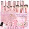 54-Piece Professional Makeup Brush Set with Pink Cosmetic Bag, Headband & Wristbands — Foundation Eyeshadow Blush Sponges & Mirror, Nylon Bristles for All Skin Types