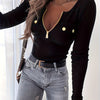 Women's Long Sleeve Slim Fit T-Shirt – Elegant Black Crew Neck with Metallic Gold Chain Accent for Casual & Formal Wear, Spring/Fall Essential