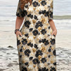 Plus Size Floral Maxi Dress with Side Pockets - Golden Floral Print, Loose Fit, Round Neck, All-Season
