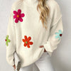 Plus Size Floral Applique Knit Sweater – Women's Long Sleeve High Neck Pullover for Fall & Winter