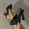 Women's Embroidered Pointed-Toe Block Heel Sandals, Thick Platform, Bungee Closure, Breathable Fabric Upper - Black Dress Heels