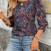 Boho Floral Smocked Blouse – Shirred Neckline, 3/4 Sleeve Women's Top (All-Season Casual & Party Wear)
