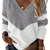 Plus Size Colorblock V-Neck Sweater - Stretch Knit Long Sleeve Pullover