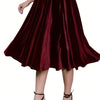 Plus Size Burgundy Velvet A-Line Midi Skirt, High Waist Flared Umbrella Skirt, Machine Washable for Fall/Winter