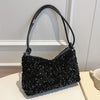 Sparkling Sequin Small Square Shoulder Bag - Black Quilted Nylon Evening Clutch with Tassel & Zipper