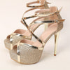 Glitter D'Orsay Stiletto Heels with Ankle Strap, Chunky Platform, Round Toe Pumps