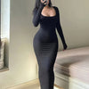 Women's Extra-Long Bodycon Maxi Dress – Square Neck Long Sleeve A-Line Silhouette, Sexy Form-Fitting Autumn Dress