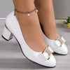 Women's Black Rhinestone Bow Pumps, Glossy Slip-On Block Heel Round Toe Dress Shoes