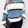 Plus-Size Striped Long Sleeve Knit Sweater – Halter Neck Color Block Pullover (Green, Black & White)