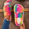 Tie-Dye Plush Slip-On Slippers for Women — Faux Fur Lining, EVA Non-Slip Sole, Pastel Multicolor Indoor House Shoes
