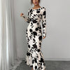 Women's Elegant Black & White Floral Long Sleeve Bodycon Dress with Ruffle Hem - Fall/Winter Party & Wedding Gown
