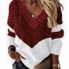 Plus Size Colorblock Leopard V-Neck Long Sleeve Pullover Sweater for Women