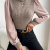 High-Neck Puff Sleeve Blouse for Women - Elegant Solid Color Top