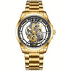 LIGE Vintage Gold-Tone Stainless Steel Watch for Men & Women – Transparent Back, Visible Quartz Movement & Date Display