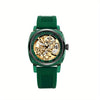 Women's Casual Mechanical Watch - Gold Dial with Black & Green Silicone Strap, Battery-Free Everyday Timepiece