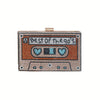 Retro Cassette Tape Rhinestone Evening Clutch - Black Acrylic Crossbody with Gold Chain Strap for Weddings & Parties