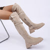 Women's Over-the-Knee Chunky Block Heel Boots - Beige/Tan, Two-Way Wear Zipper, Pointed Toe, Fabric Upper & TPR Sole, Elegant Fall/Winter Dress Boots