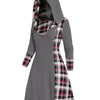 Women's Y2K Hooded Knit Dress - Gingham Patchwork Long Sleeve A-Line with Faux Buttons