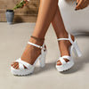 Women's White Faux Leather Block Heel Sandals Ankle Strap Peep Toe Platform Dress Shoes