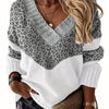 Plus Size Colorblock Leopard V-Neck Long Sleeve Pullover Sweater for Women