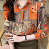 Women's Retro Floral Button-Front Long Sleeve Collared Blouse, Orange Brown - Casual Machine-Washable Polyester