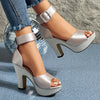 Women's Satin Peep-Toe Platform Chunky High Heels with Buckle Ankle Strap, Comfortable Travel & Shopping Pumps