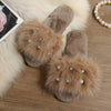 Women's Plush Open-Toe Pearl Embellished Slip-On Slippers — Non-Slip Indoor Wedding & Holiday House Shoes