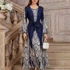 Navy Blue Floral Maxi Dress - Long Sleeve Round Neck Belted A-Line