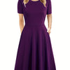 Elegant Retro A-Line Midi Dress Short Sleeve Fit-and-Flare Casual Dress for Women