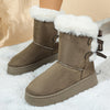 Women's Plush Faux Fur Snow Boots with Bow — Thick Cushioned PU Sole, Round Toe, Lightweight Durable Winter Boots for Hiking, Party & Travel — Black, Brown