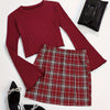 Women's Round Neck Bell Sleeve Top and Black and White Plaid Skirt Two-Piece Set