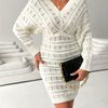 Batwing Pointelle Sweater Dress — V-Neck Bodycon Midi Knit (100% Acrylic)