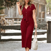 Button-Front V-Neck Belted Jumpsuit – Short Sleeve Elegant Jumpsuit for Women, Spring Summer