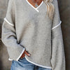 Women's Plus Size V-Neck Loose Fit Knit Sweater - Light Gray with Contrast Trim, Long Sleeve Pullover