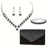 Women's Luxury Rhinestone Evening Clutch with Chain and Adjustable 4-Piece Jewelry Set (Earrings, Necklace, Bracelet)