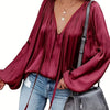 Women's Red V-Neck Long Sleeve Blouse — Elegant Office & Party Top, Machine Washable