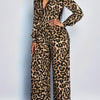 Elegant Leopard Print Jumpsuit – V-Neck Long Sleeve Wide-Leg Romper with Lace Trim & Invisible Zipper, Machine-Washable Party & Wedding Outfit