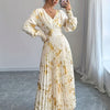 Black & Gold Floral Maxi Dress — V-Neck Long Sleeve Ruffled A-Line Polyester Dress for Spring & Fall