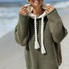 Women's Oversized Hooded Knit Sweater - Cozy Acrylic Pullover with Drawstring Hood, Long Sleeve, Black with Cream Accents