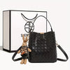 Women's Woven Faux Leather Bucket Handbag - Black Crossbody Shoulder Bag with Golden Hardware, Magnetic Closure, Adjustable Detachable Strap